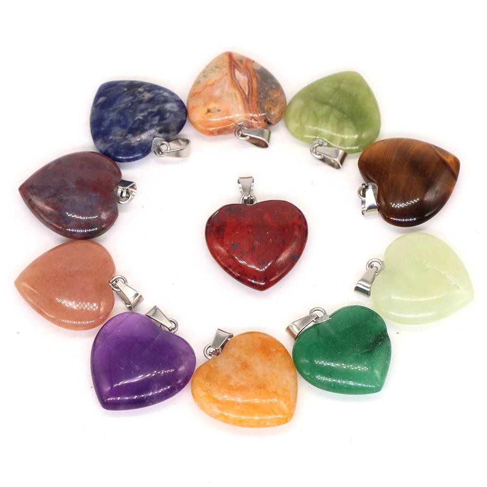 Wholesale 10pcs Assorted Nature Stone Heart Charms Pendants for Jewelry 20mm
