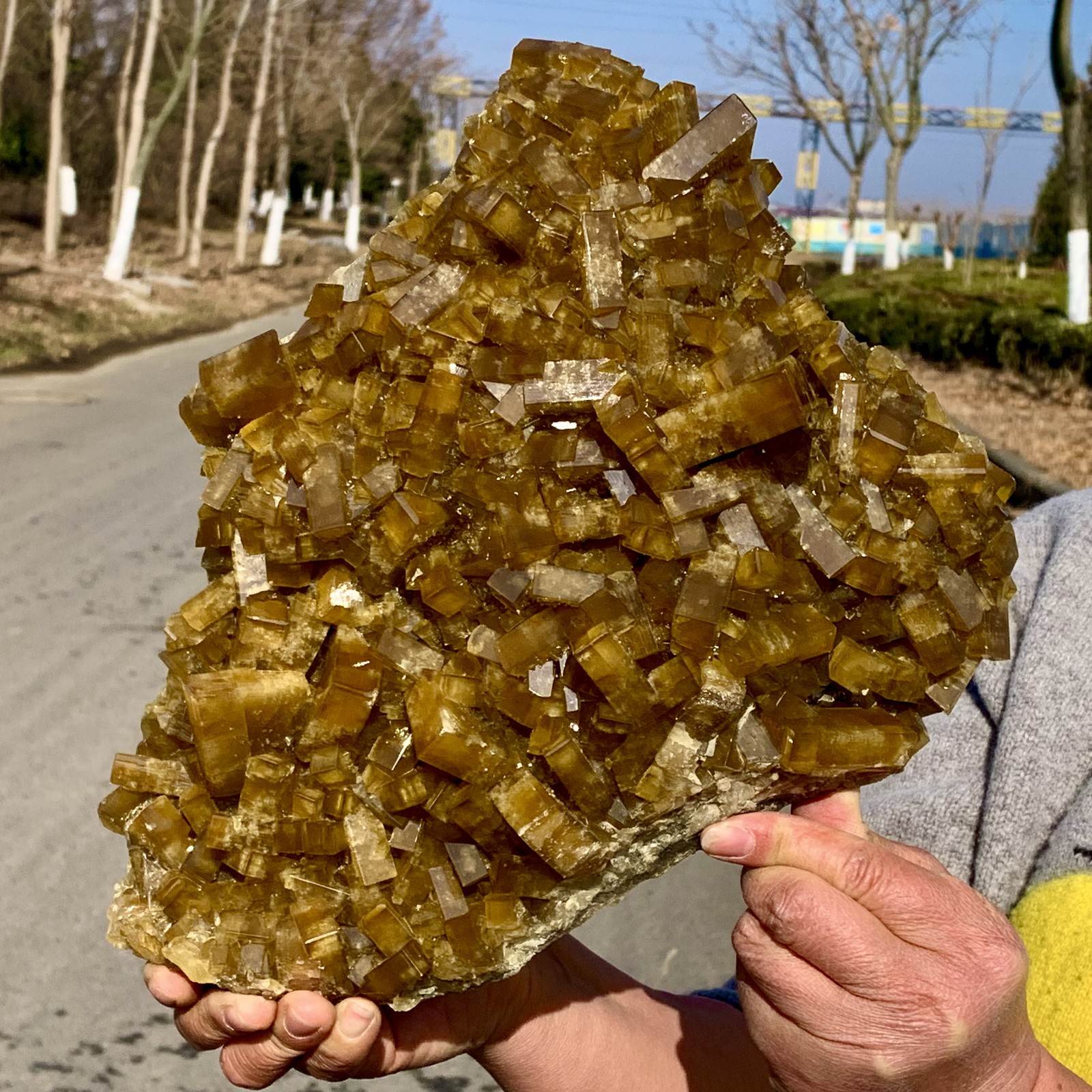 16.14LBShiny Golden Cuboid Barite Crystal Based on the Purple Spherical Fluorite