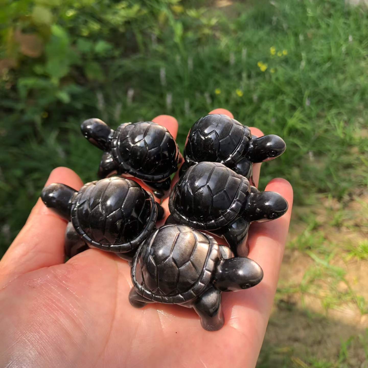 1pc Natural Silver Obsidian Quartz Carved Tortoise Skull Crystal Reiki Decor
