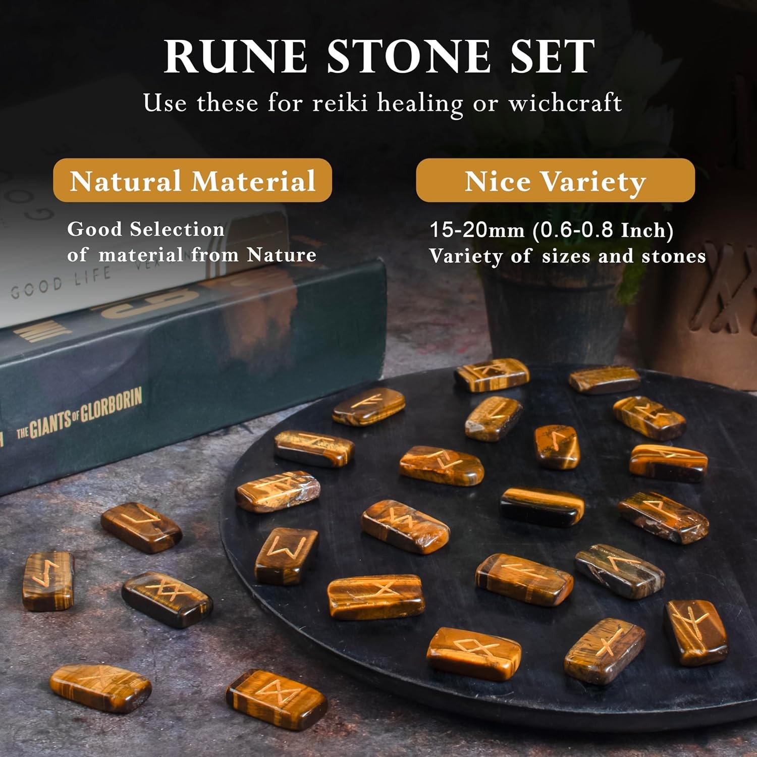 Tiger’s Eye Rune Stones Set – 25 Engraved Gemstone Runes Natural Crystal