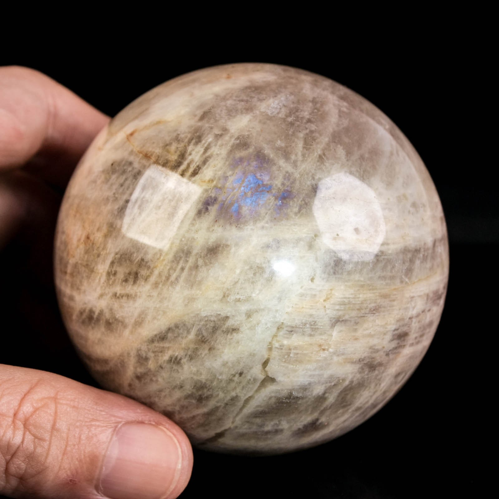 2.8″ 1.07LBS Moonstone Sphere Natural Blue Flash Crystal Ball Mineral Specimen