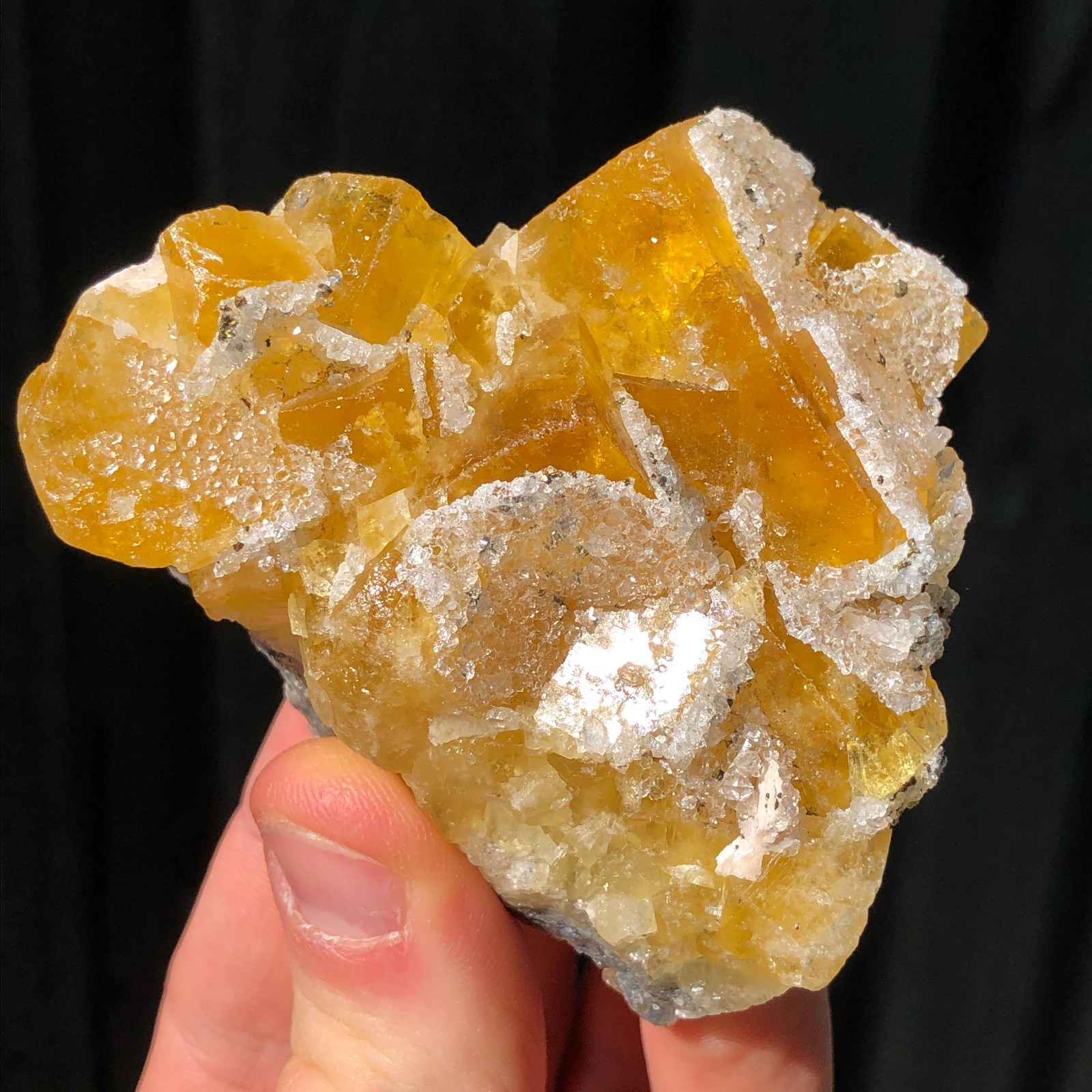 7.3cm Yellow Fluorite Crystals w Druzy Quartz from Four de Cluzel Mine, France