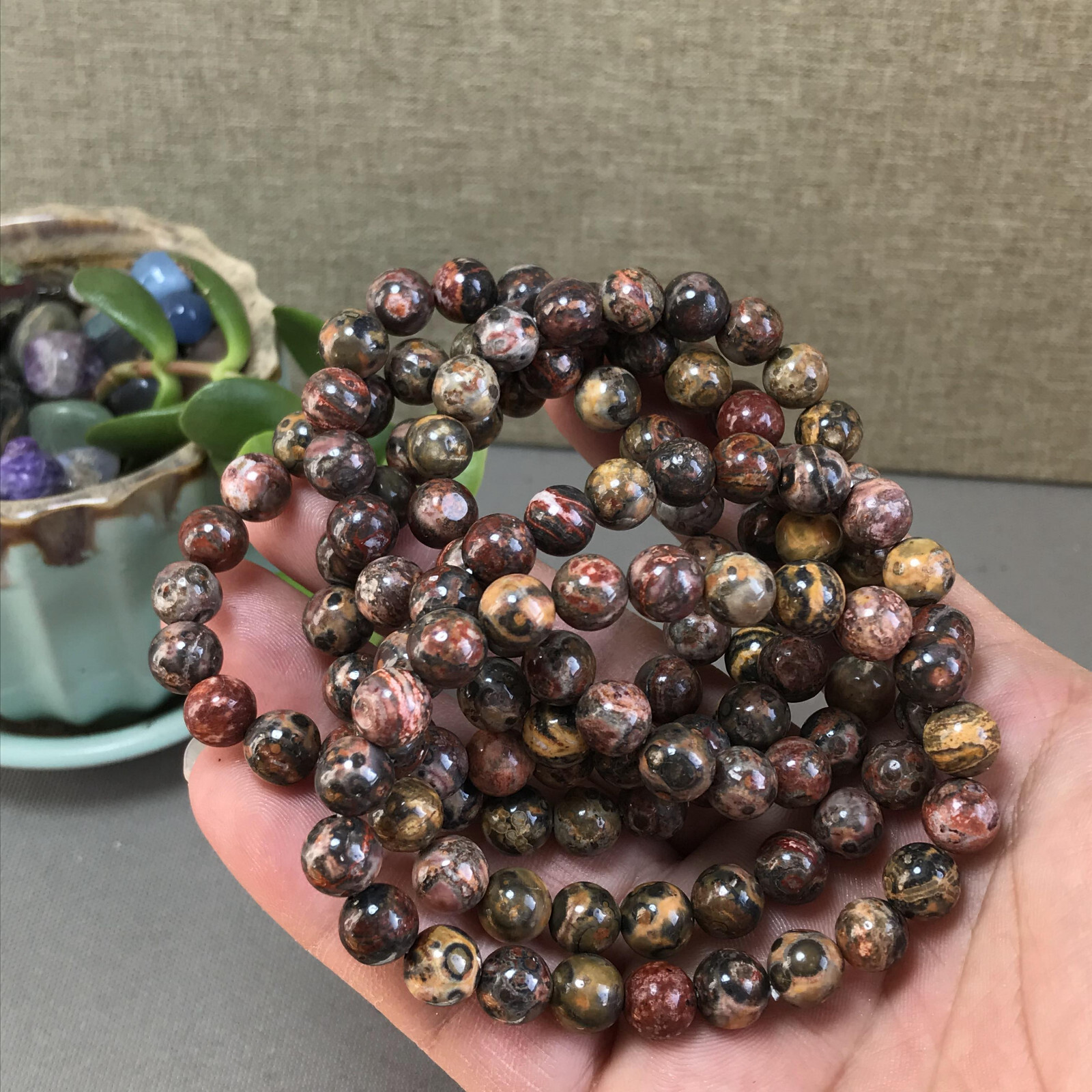 5Pcs Wholesal Natural Polish Leopard stone bracelets Crystal ball sphere 8mm