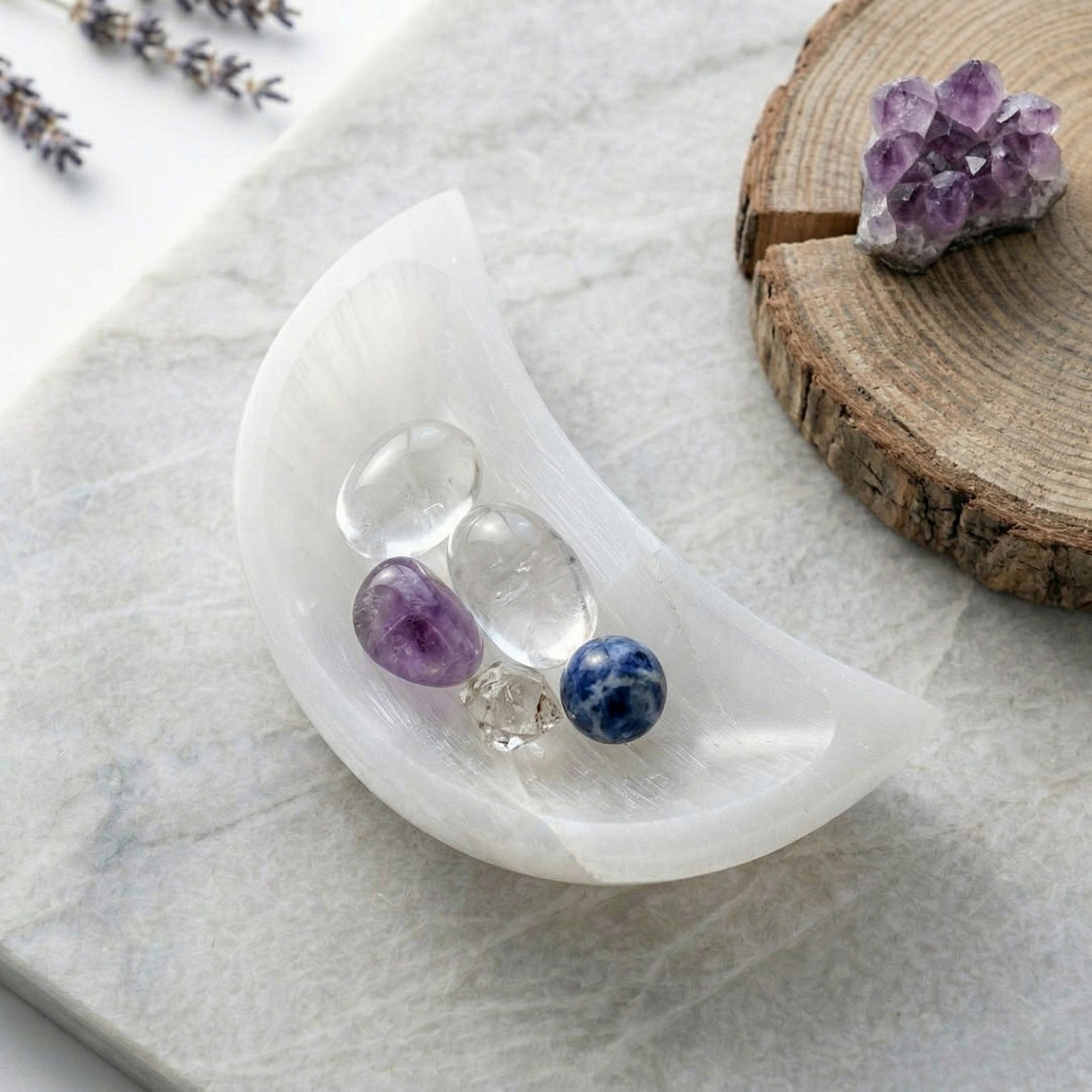 Selenite Crystal Moon Bowl Cleansing Tray White Stone Dish Spiritual Altar Decor