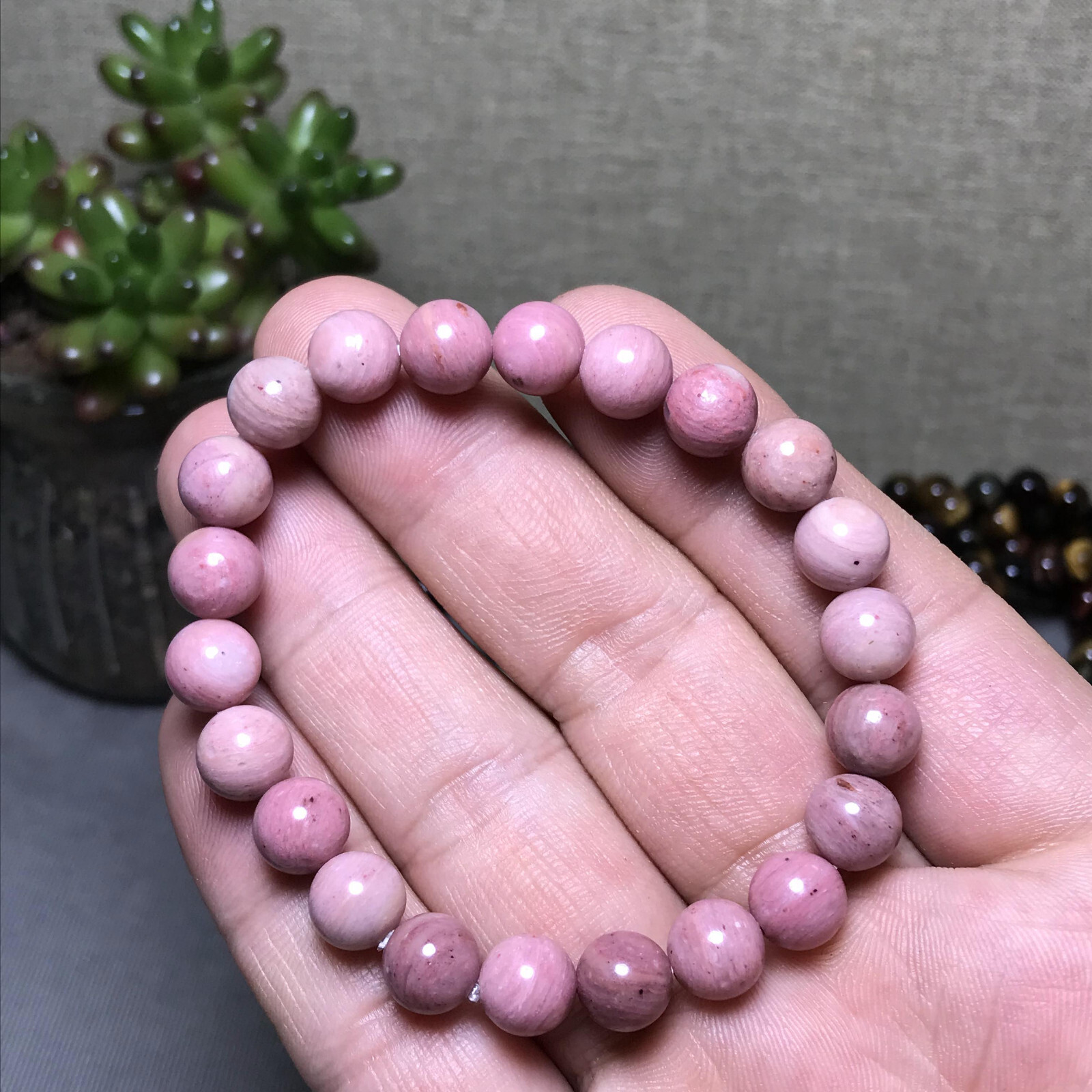 5Pcs Wholesal Natural Redwood pattern Pink bracelets Crystal ball sphere 8mm