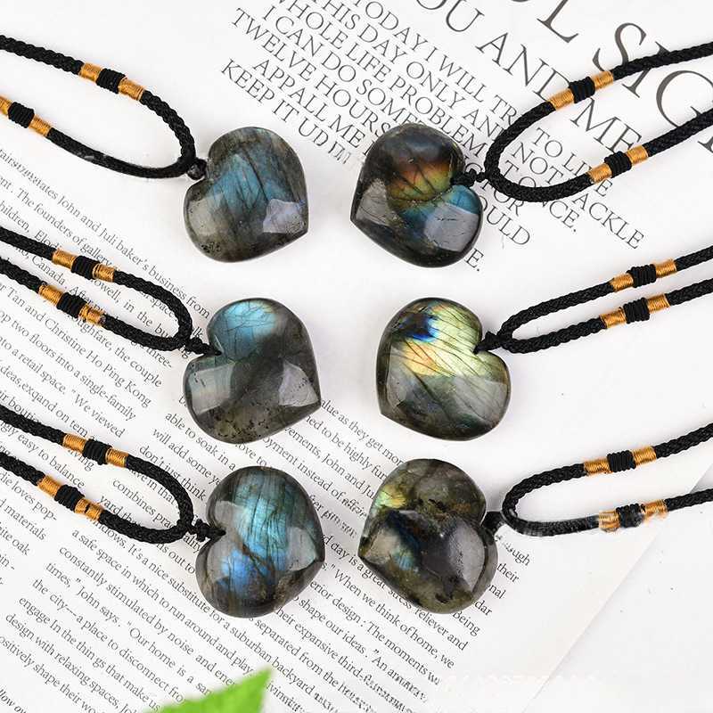 Natural Labradorite Heart Shaped Pendant Chakra Quartz Crystal Necklace Reiki US