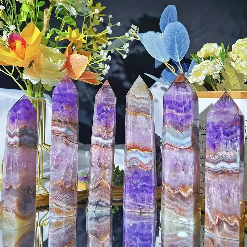 2Pcs Amethyst Agate Crystal Tower Reiki Healing Gemstone Obelisk Home Decor Gift