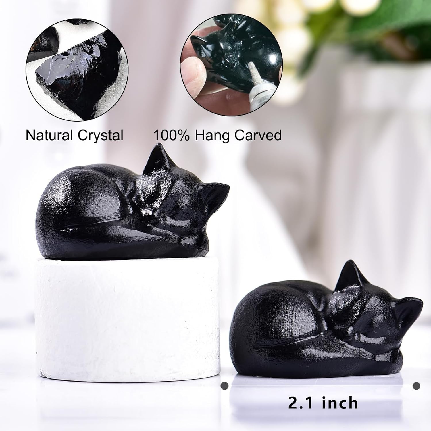Black Obsidian Cat Crystal Statue – Lucky Healing Gem for Home & Office