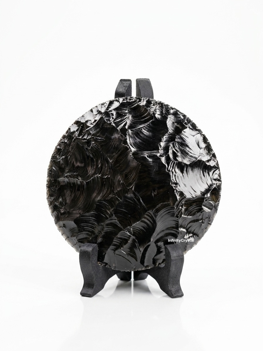 Black Obsidian Disc Round Sculpture Home Office Display Ornament, Display Stand