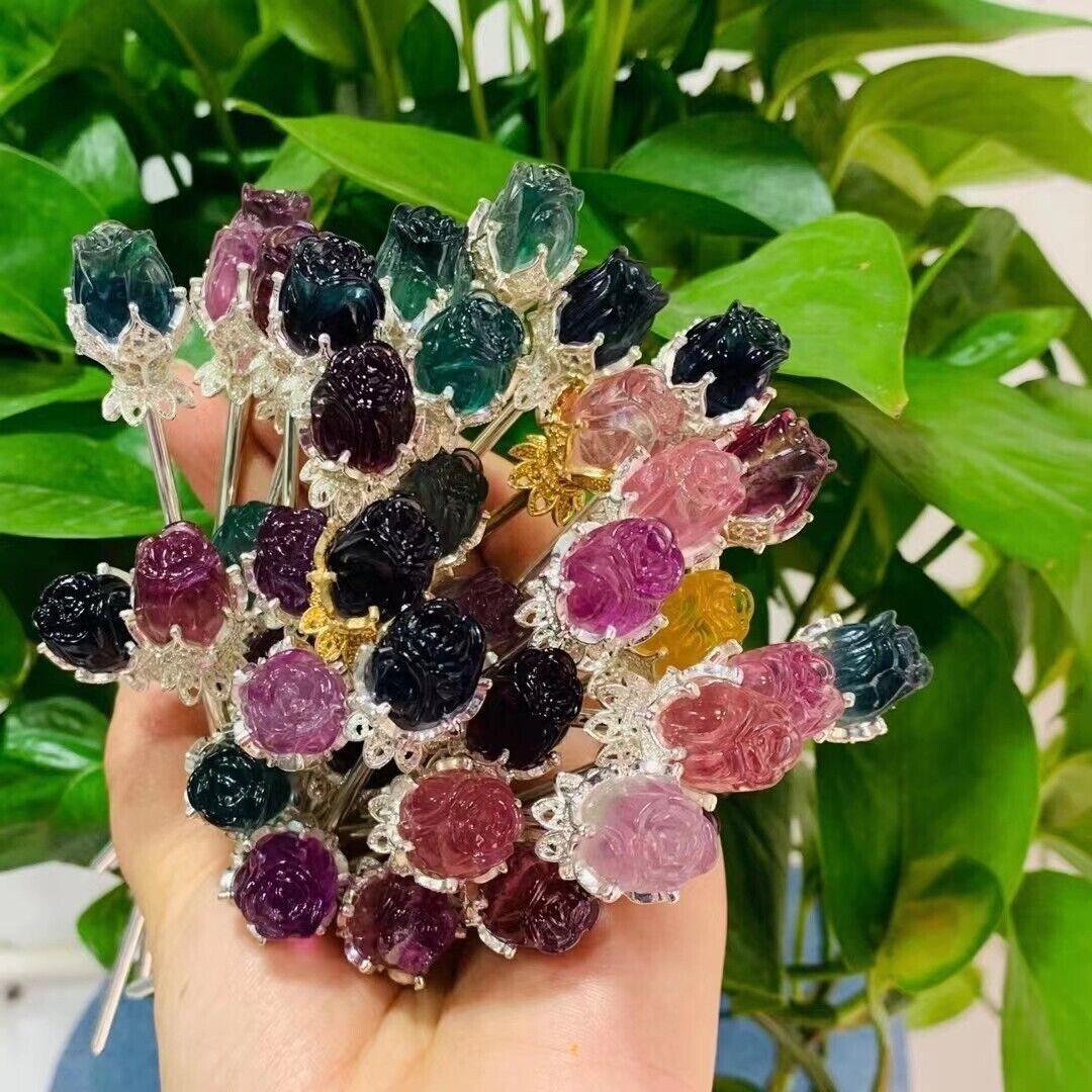 5PC Natural Mix fluorite quartz crystal rose flowers carved reiki healing random