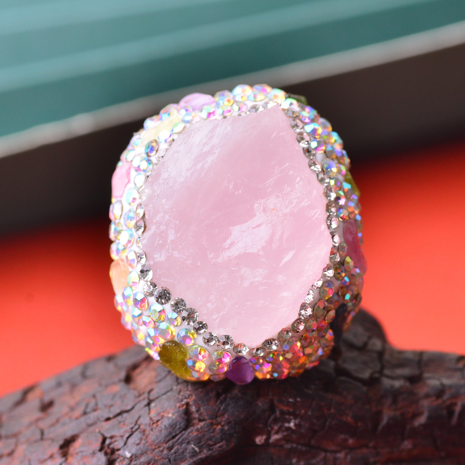 pink quartz ring, alloy inlaid with handmade gemstone jewelry Love Stone