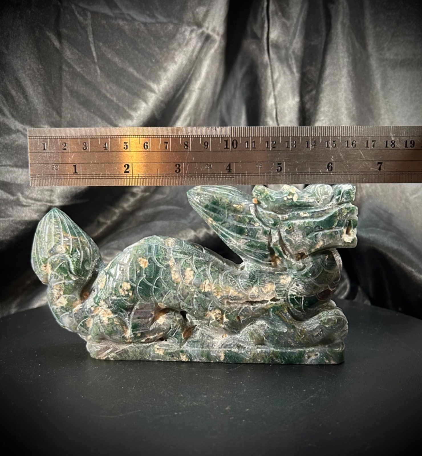 6.5″ Moss Agate Eastern Style Dragon Carving With Druzy All Over 1lb 10.7oz