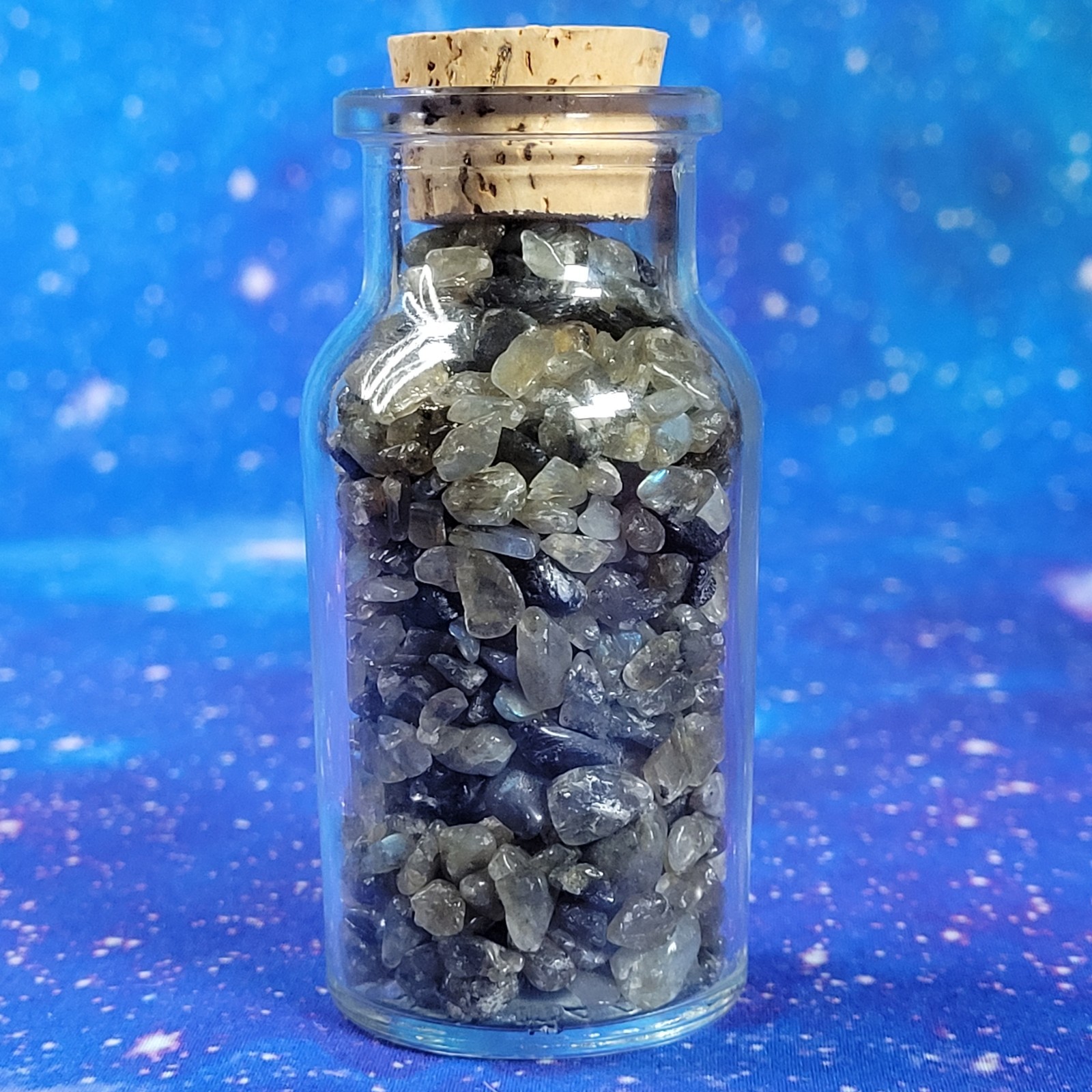 4 oz Labradorite Crystal Tumbled Chips in Vintage Glass Apothecary Jar Witchy