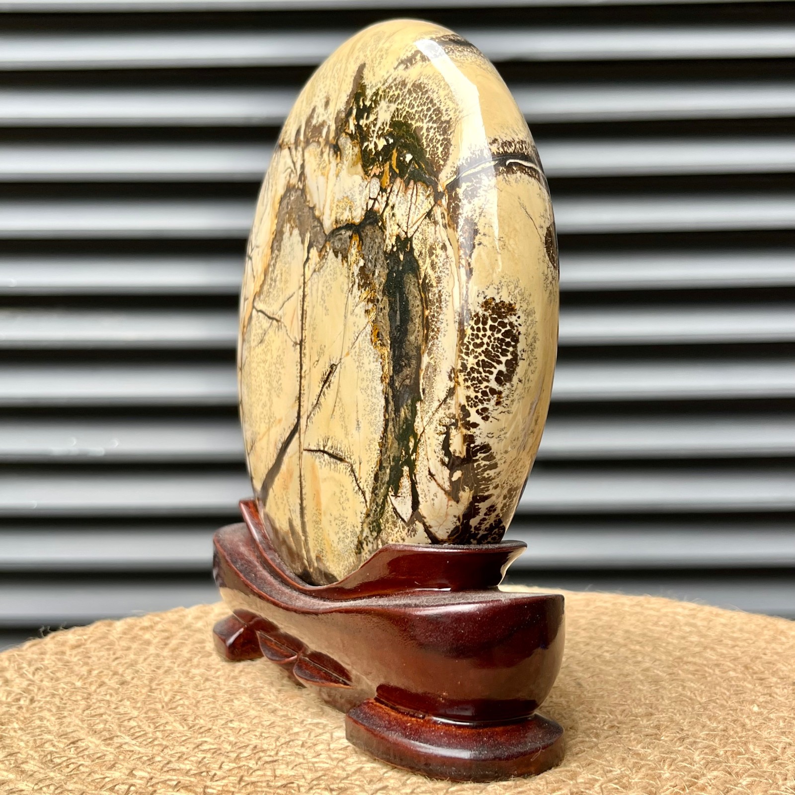 4.4 lb Picture Stone Landscape Art Gift Display w/ Wood Stand Decor