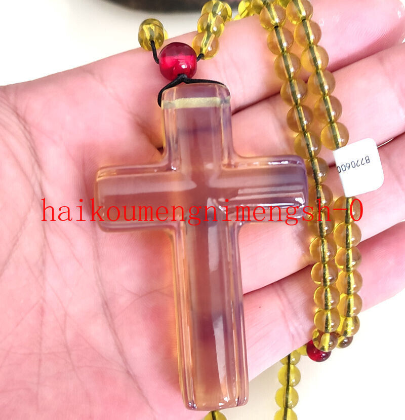 66mm Natural Green Blue Amber Christian Cross Pendant 6mm Beads Necklace