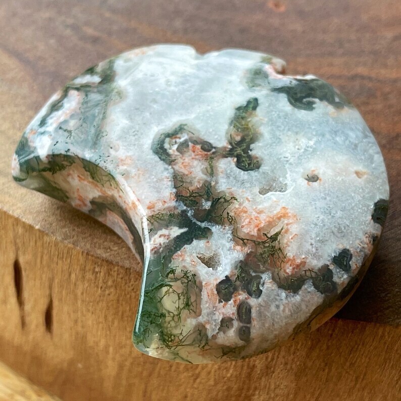 Natural Moss Agate Moon Crystal Carving W/Green Pink Moss & White Quartz