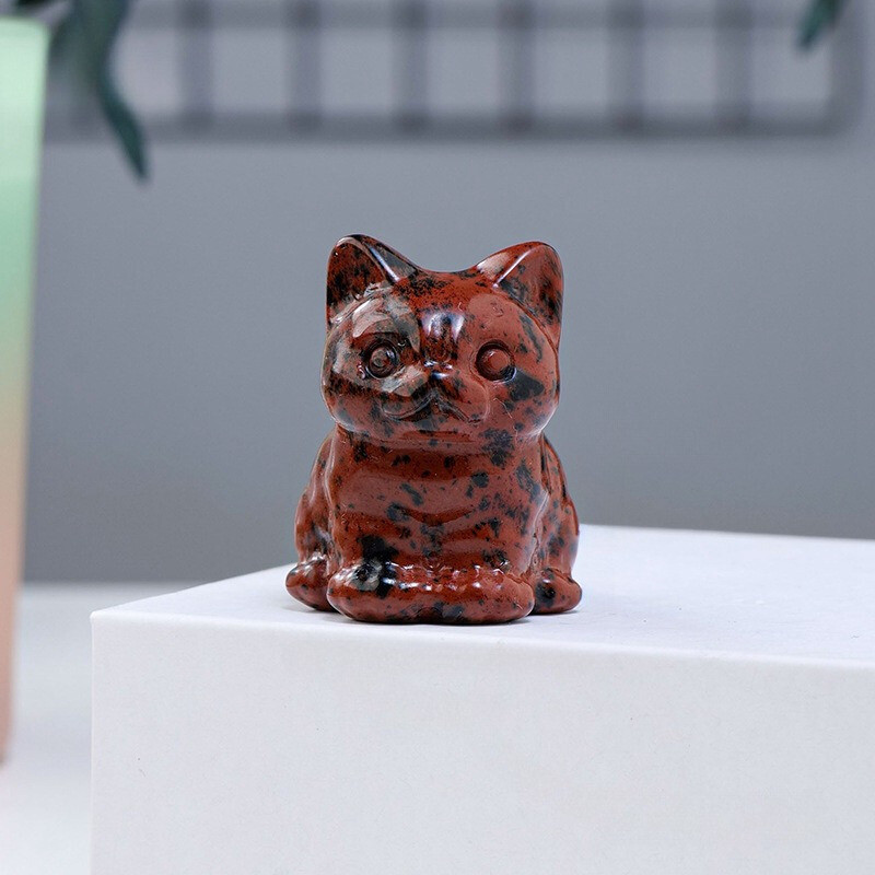 Natural Red Obsidian Quartz Crystal Felines Carved Lucky Cat Healing Mini Mscot