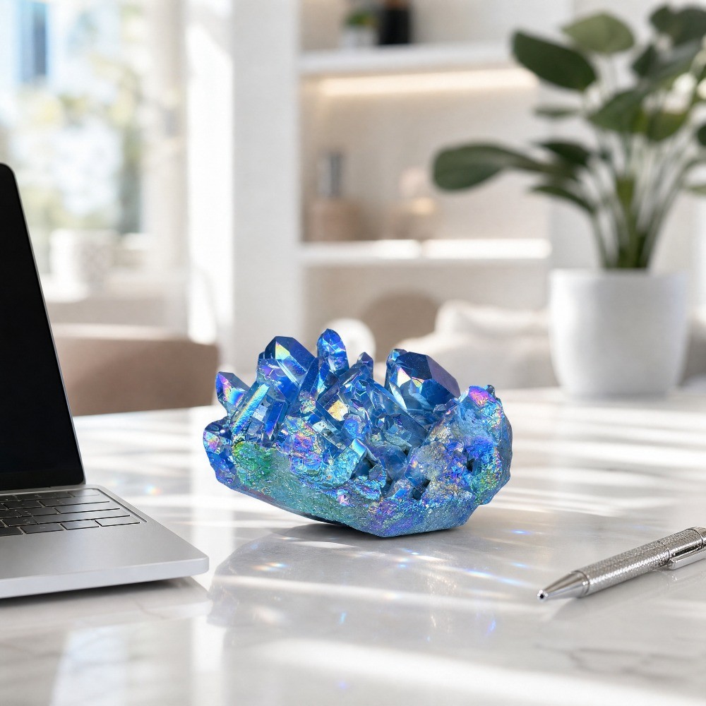 1pc Titanium Aura Bright Blue & Purple Quartz Multicolor Cluster Healing Decor