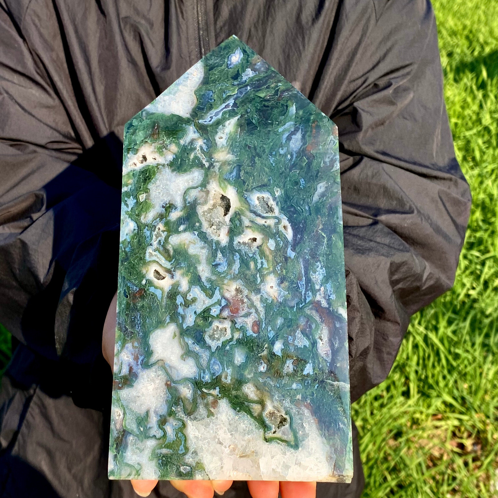 3.5LB Large Natural green druzy moss agate quartz obelisk crystal aura healing
