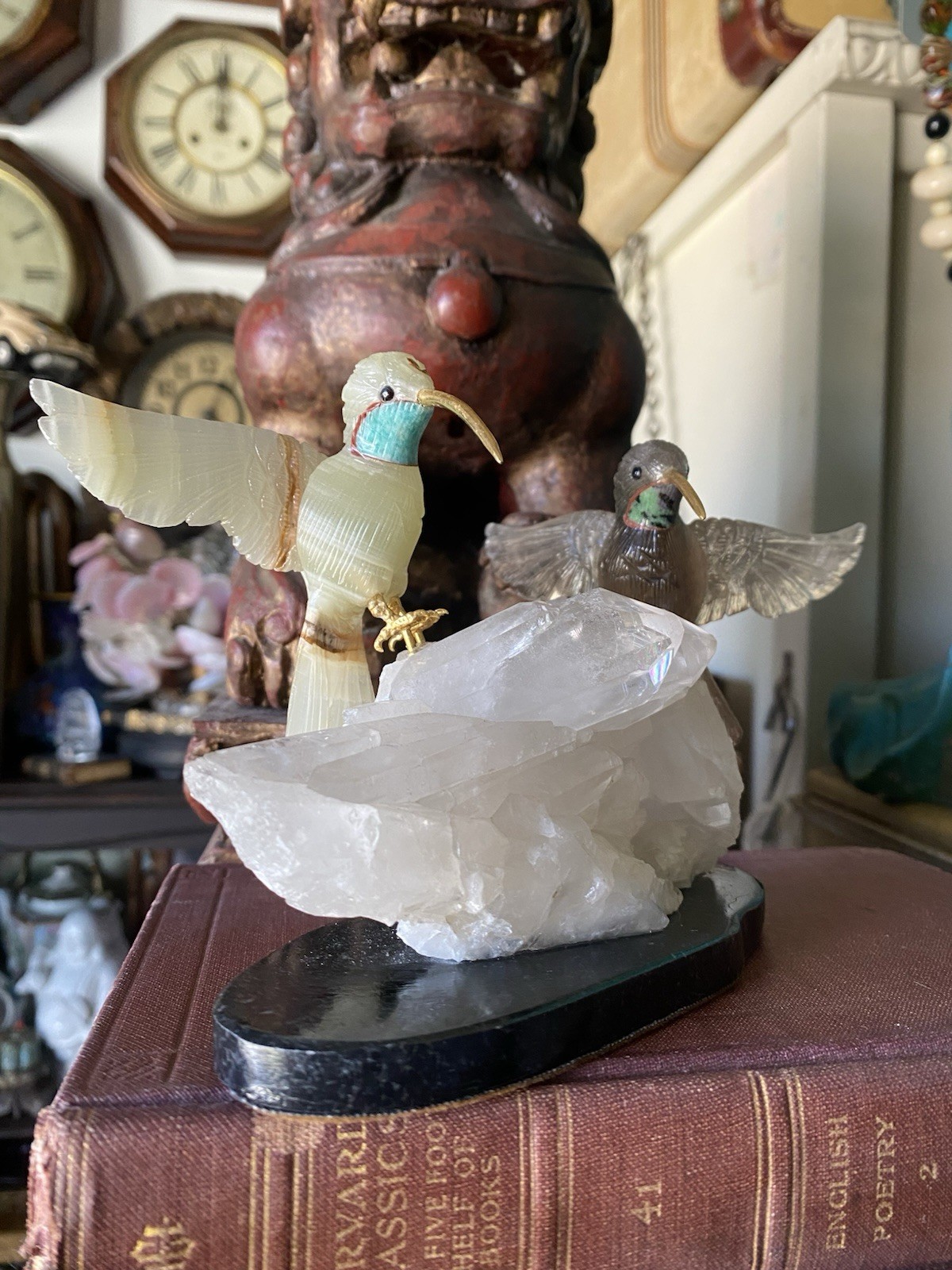 Peter Muller Hand Carved Smokey Quartz, Marble, Quartz Hummingbirds On Quartz