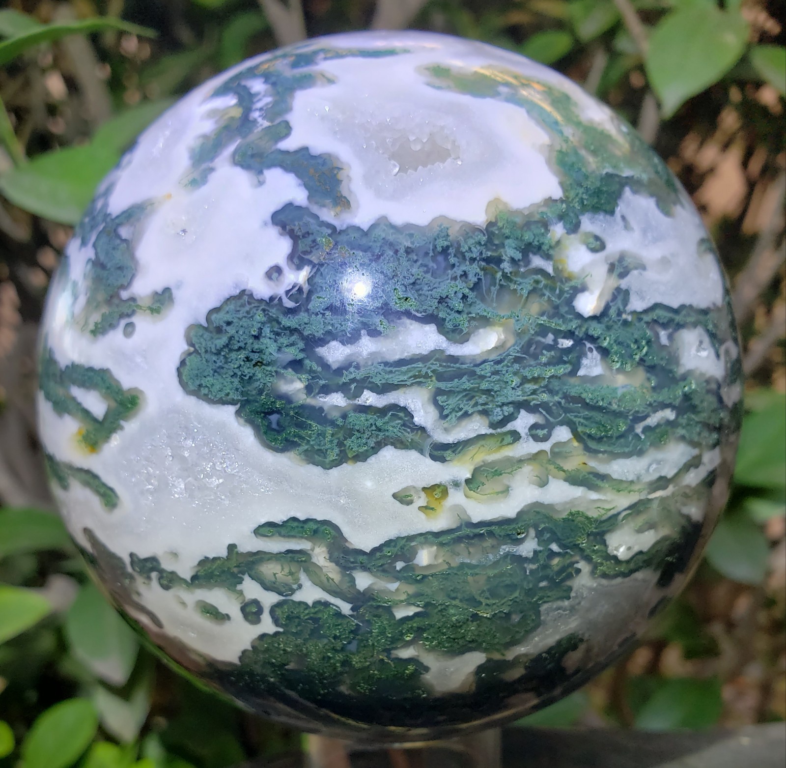 4″ Green Moss Agate Quartz Crystal Mineral Sphere Ball Orb UV Druzy, 1427g