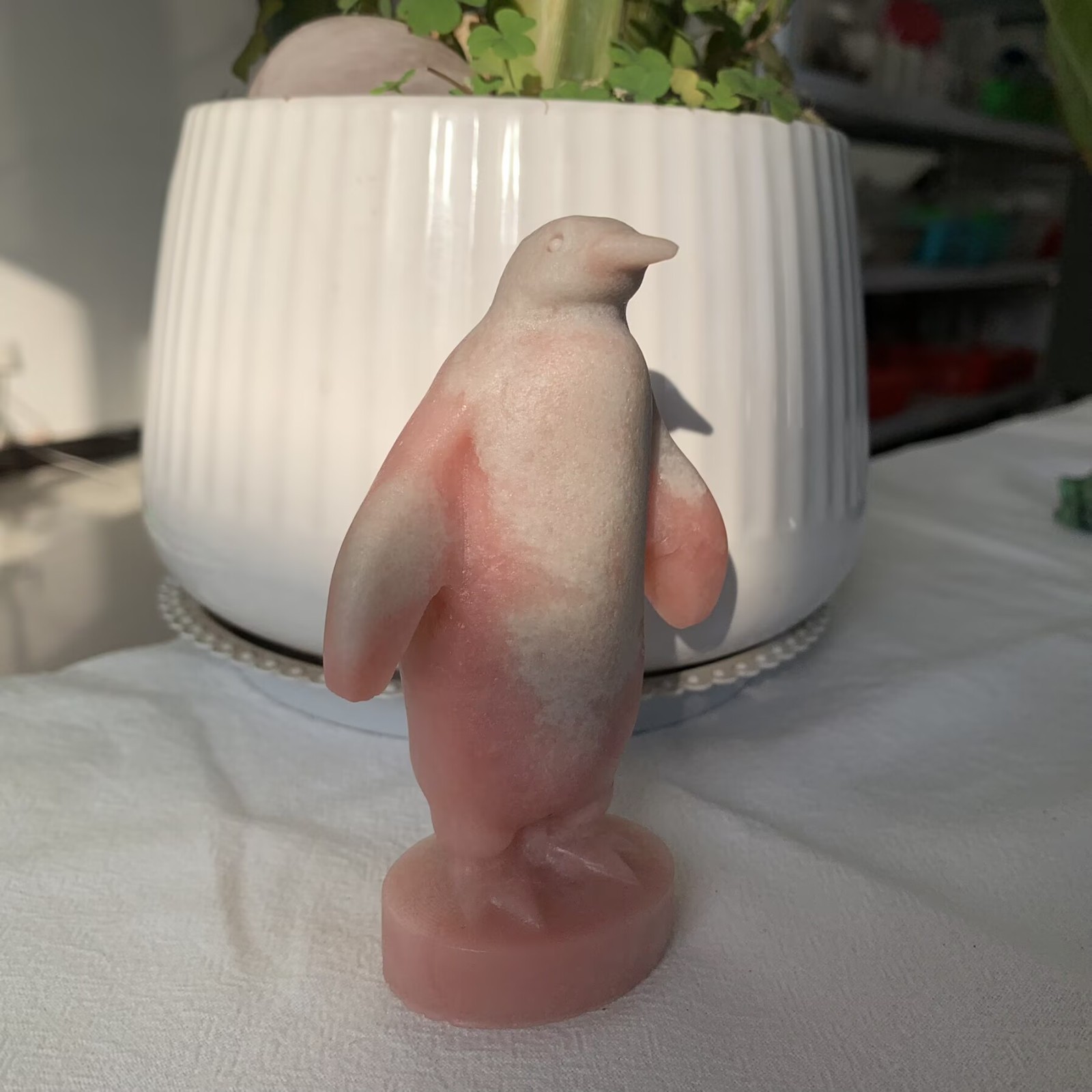 202g Pink Opalite Penguin Animal Sculpture Stone Crystal Collection Art Deco