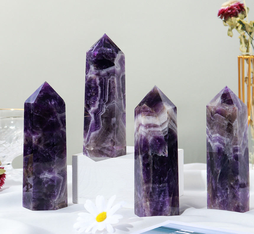 Chevron Amethyst Tower Point Natural Stone Obelisk Healing Reiki Home Decor Gift