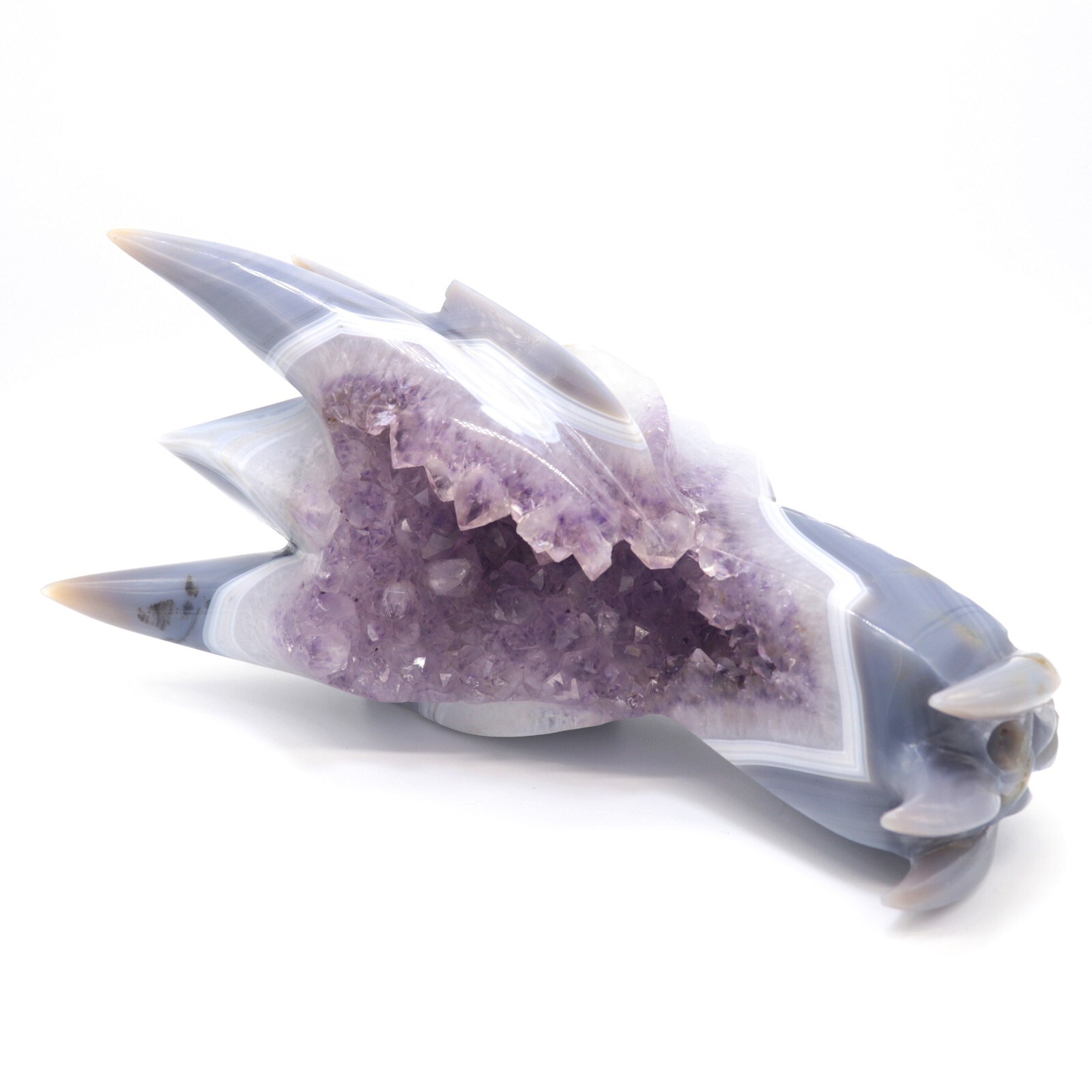 10″ Agate Amethyst Cluster Hand Carved Dreagon Head Sculpture, Crystal Healing