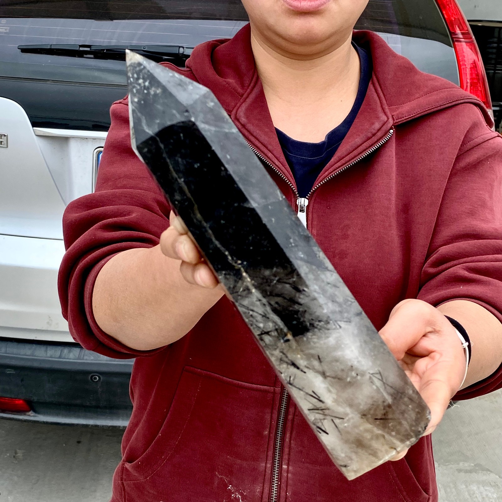 3.4LB Natural Black Hair Quartz Obelisk Crystal Energy Point Wand Reiki Decor