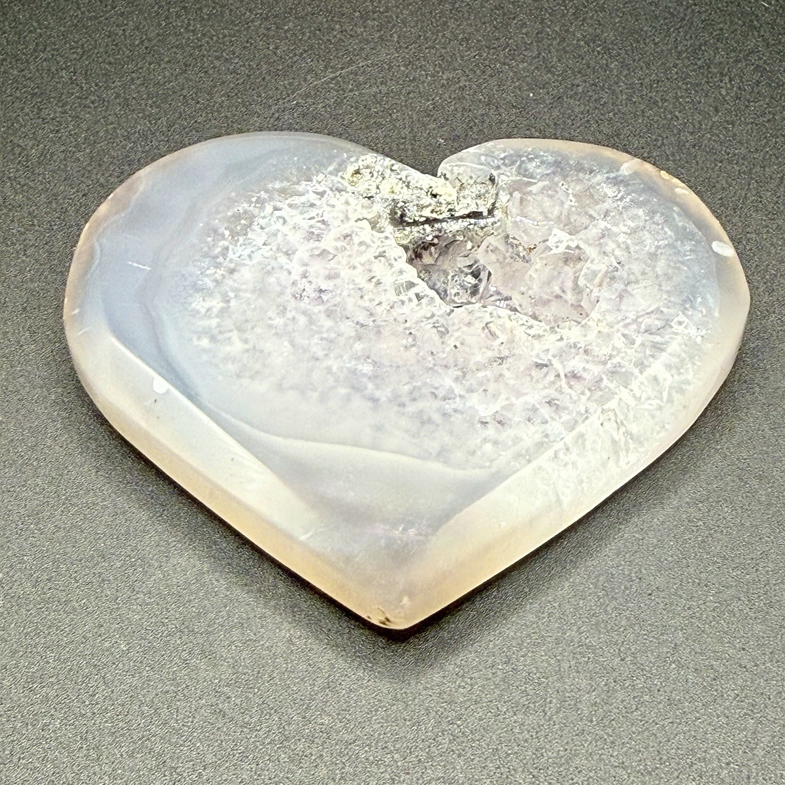 Polished Heart-Shaped Botswana Agate Slice with Druzy Crystal Center, White/Gray