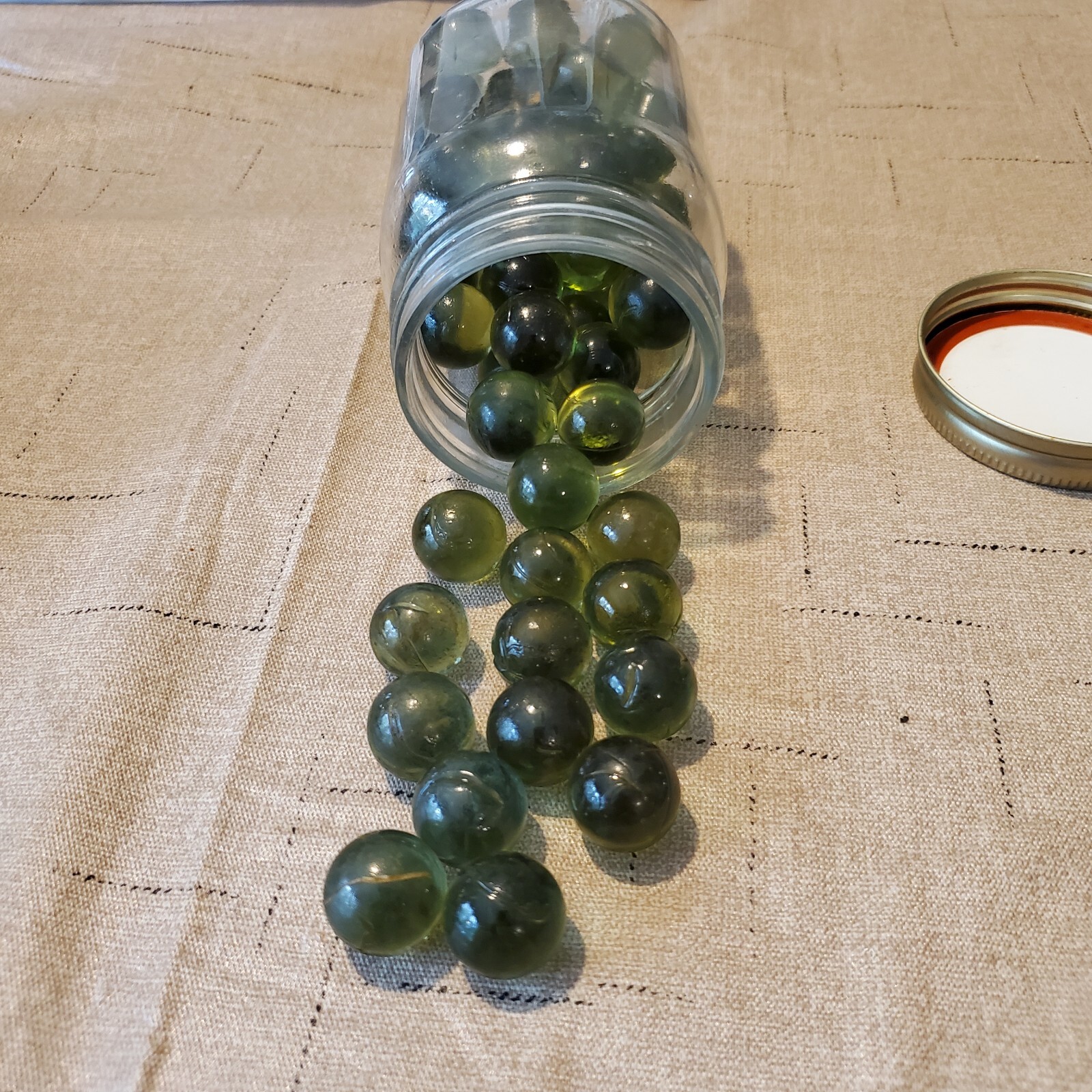 Green solid glass sphere marbles USED and imperfect LOT of 1 pint jar over 1/2″