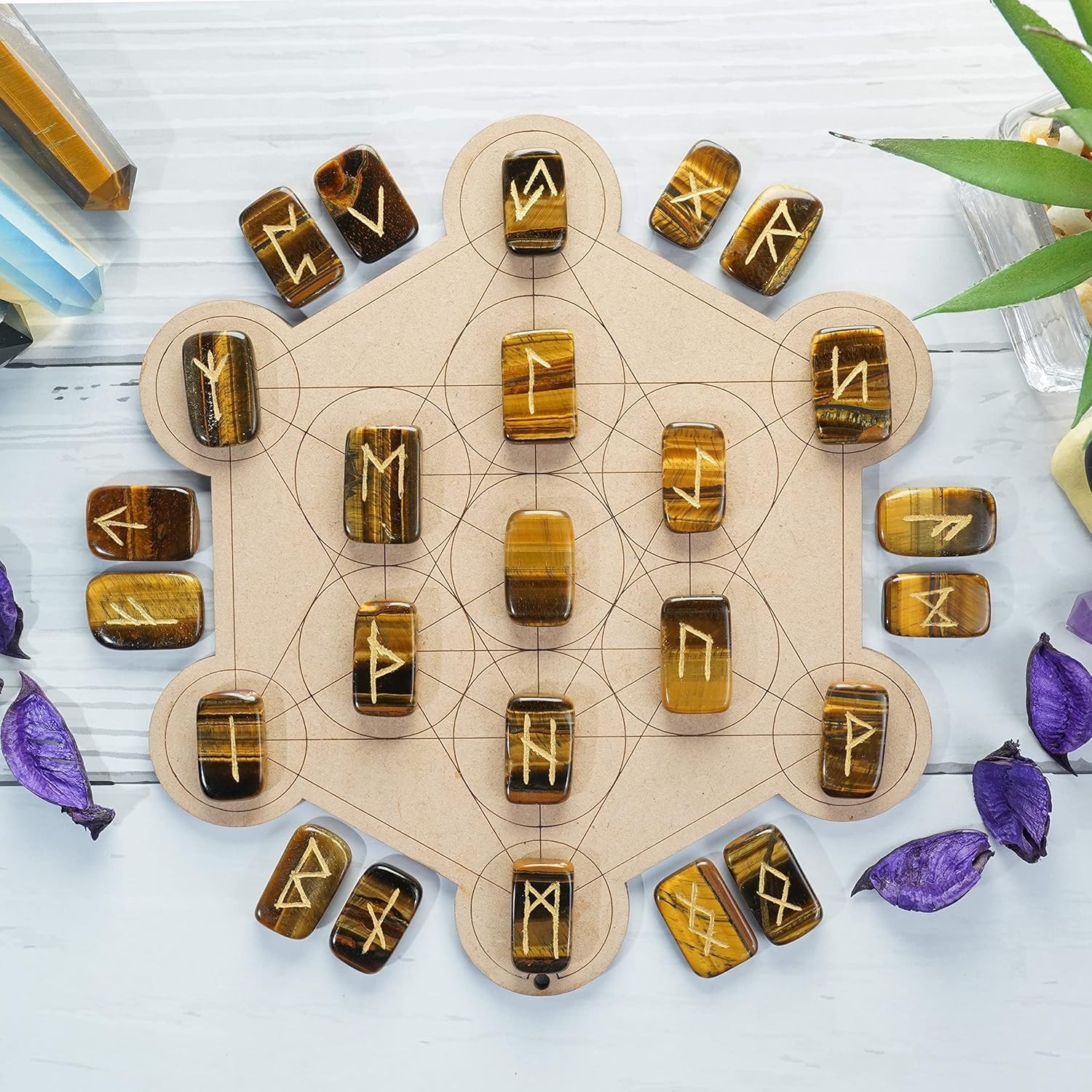 Tiger’s Eye Rune Stones Set – 25 Engraved Gemstone Runes Natural Crystal