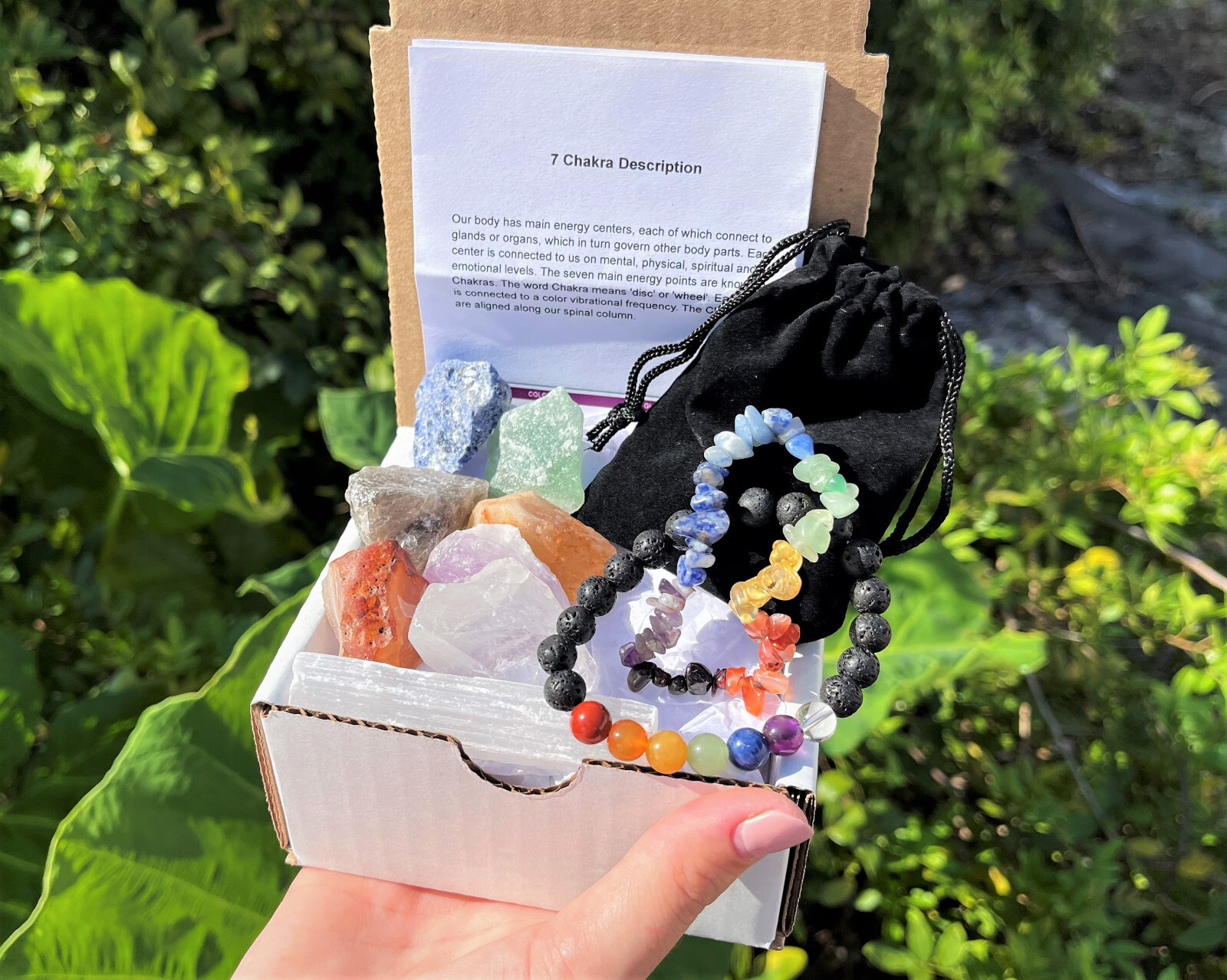 7 Chakra Crystal Box – Chakra Chip Bracleet, Lava Bracelet, Tumble & Rough Kits