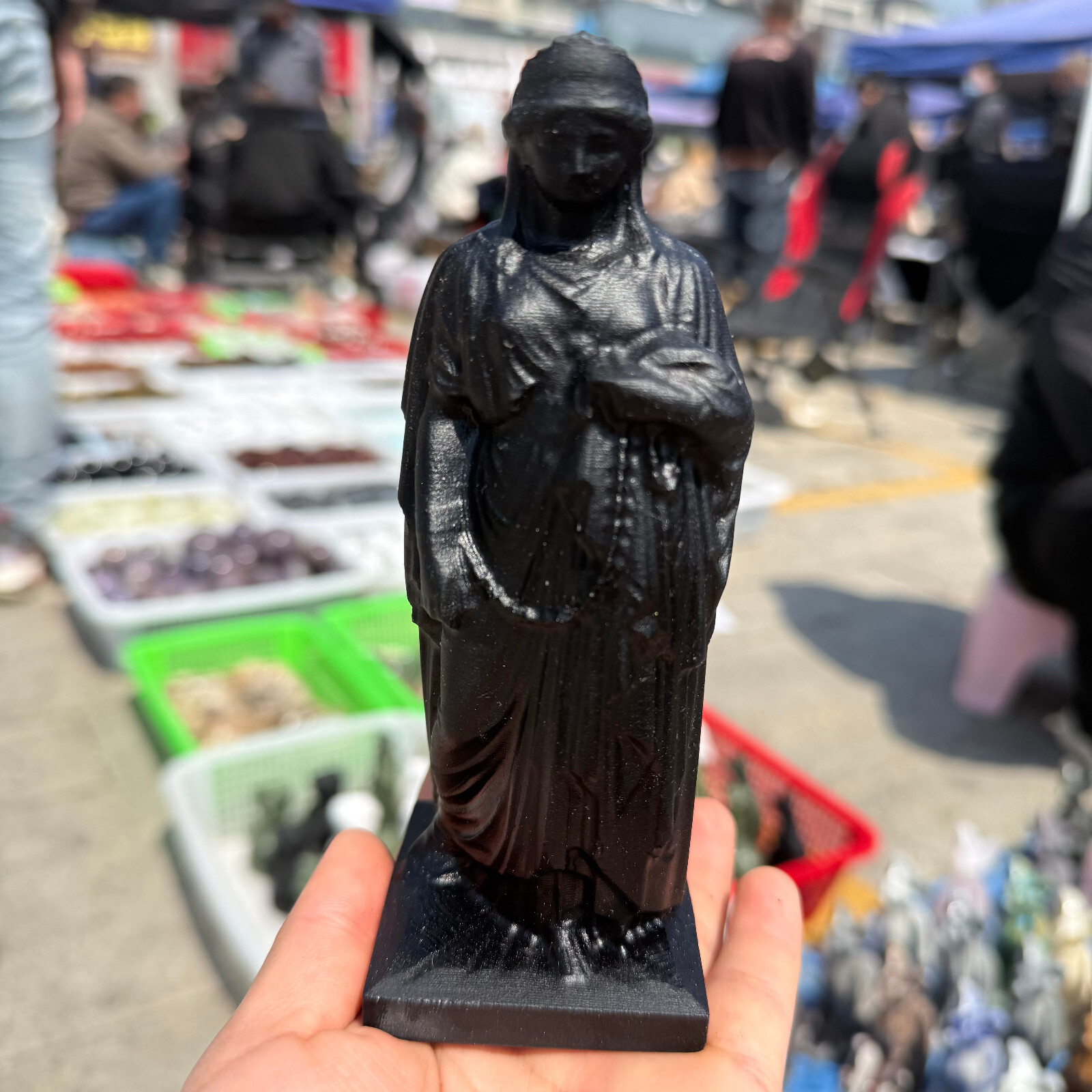 6″ natural Obsidian Virgin of Greece Skull Quartz Crystal Carved Reiki Healing