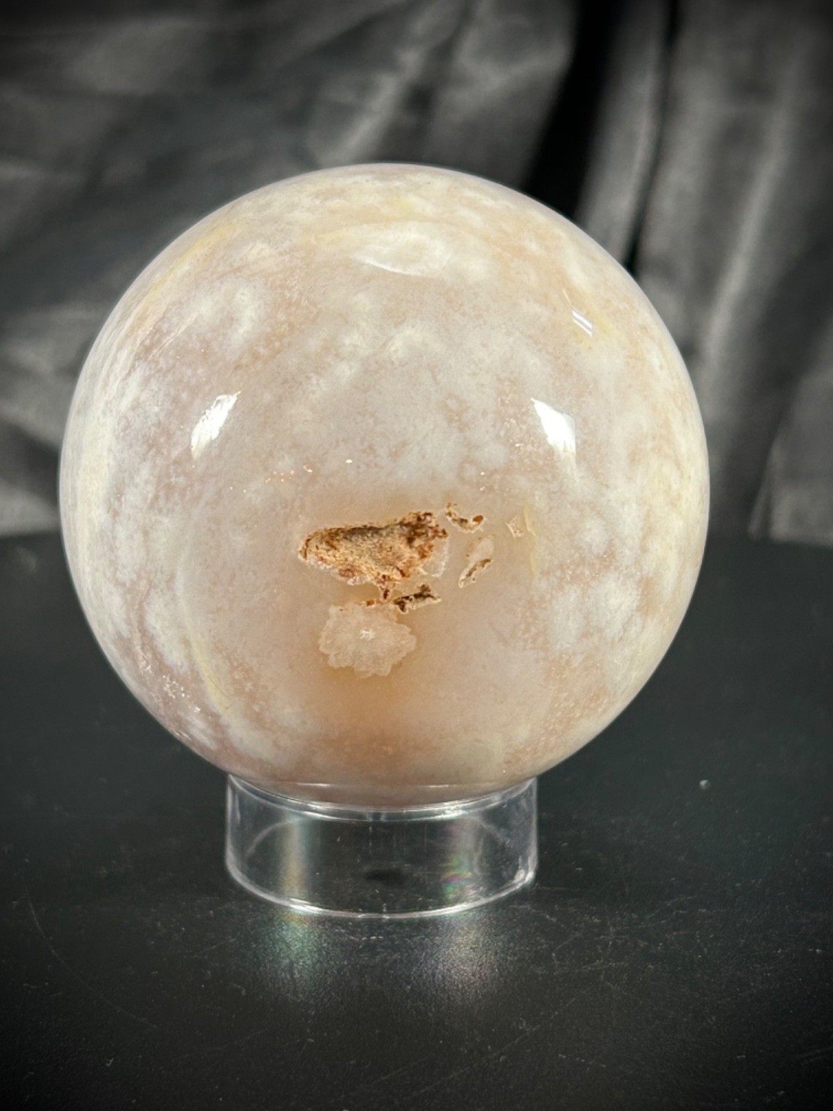 2.5″ Pink Amethyst & Flower Agate Sphere With Acrylic Stand 12.6oz (357 Grams)