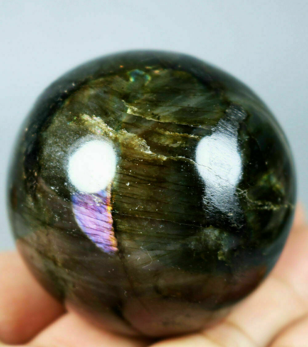 Natural Labradorite Stone Crystal Ball SPHERE Rosewood Stand Madagascar 51mm