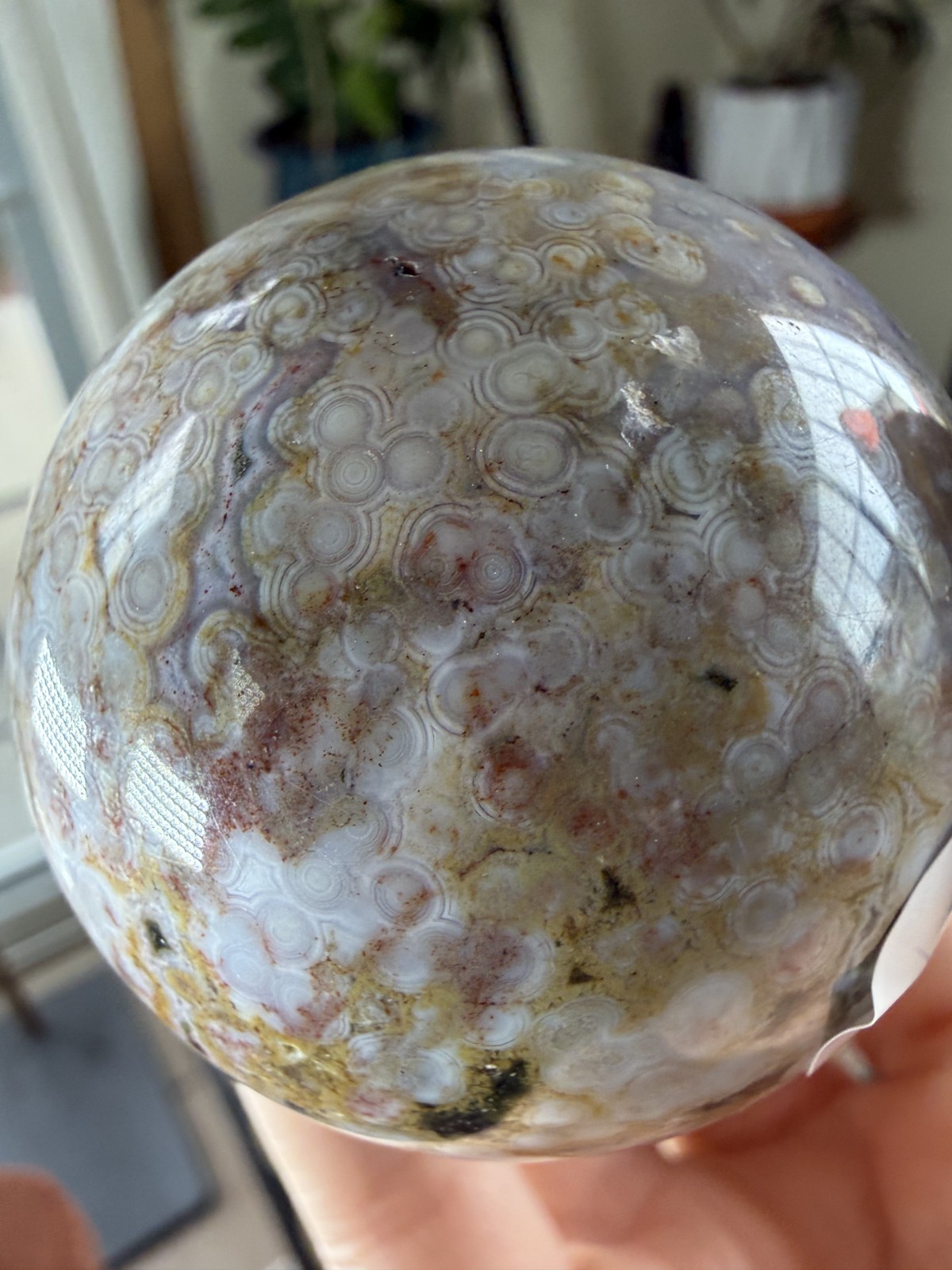8th Vein Ocean Jasper Sphere – Pink, Green & White Orbs – 7.09 oz