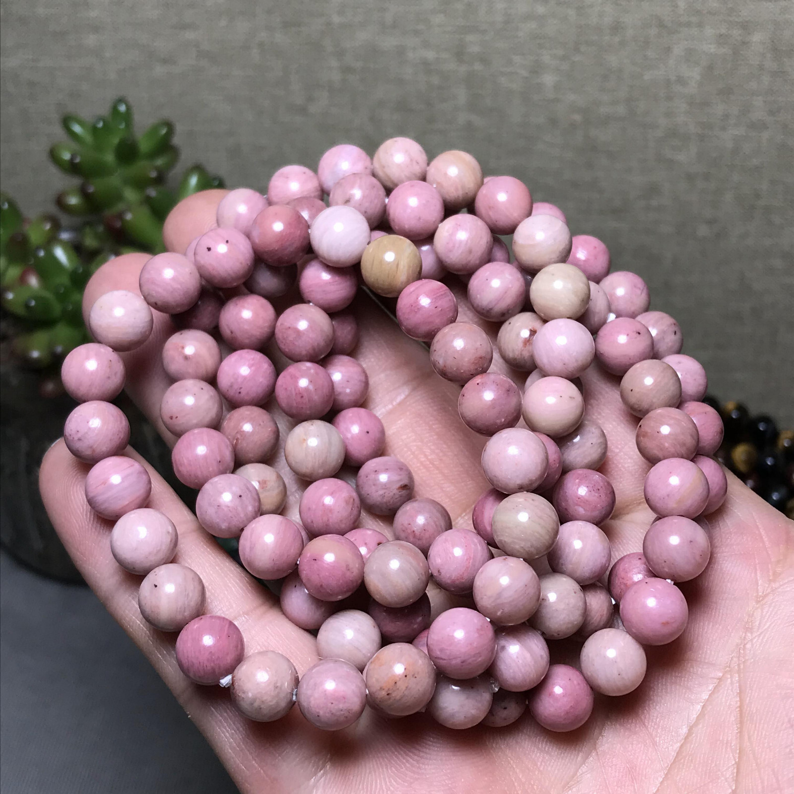 5Pcs Wholesal Natural Redwood pattern Pink bracelets Crystal ball sphere 8mm