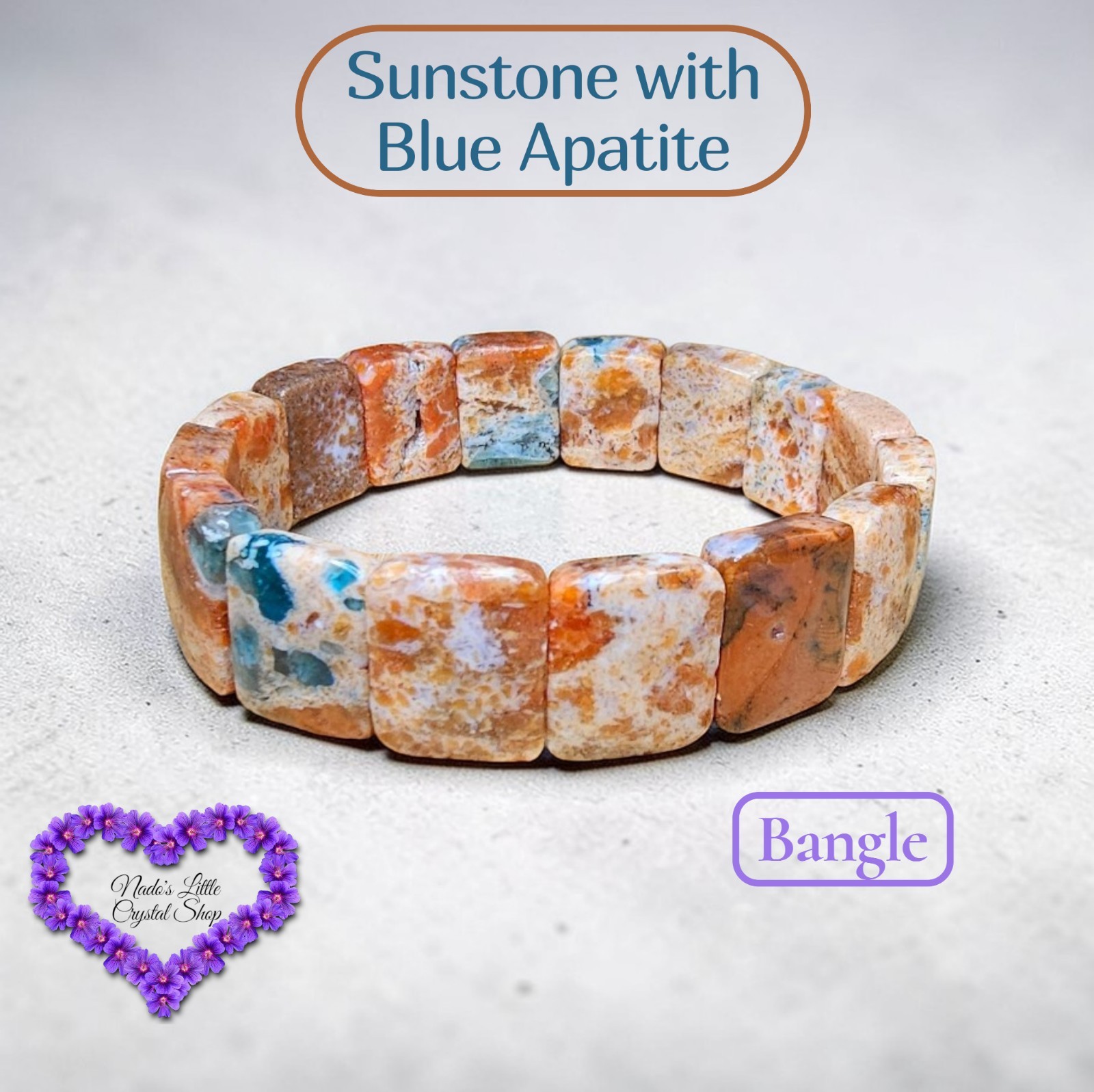 Sunstone With Blue Apatite 14mm Crystal Stretch Bangle 7.5 inches