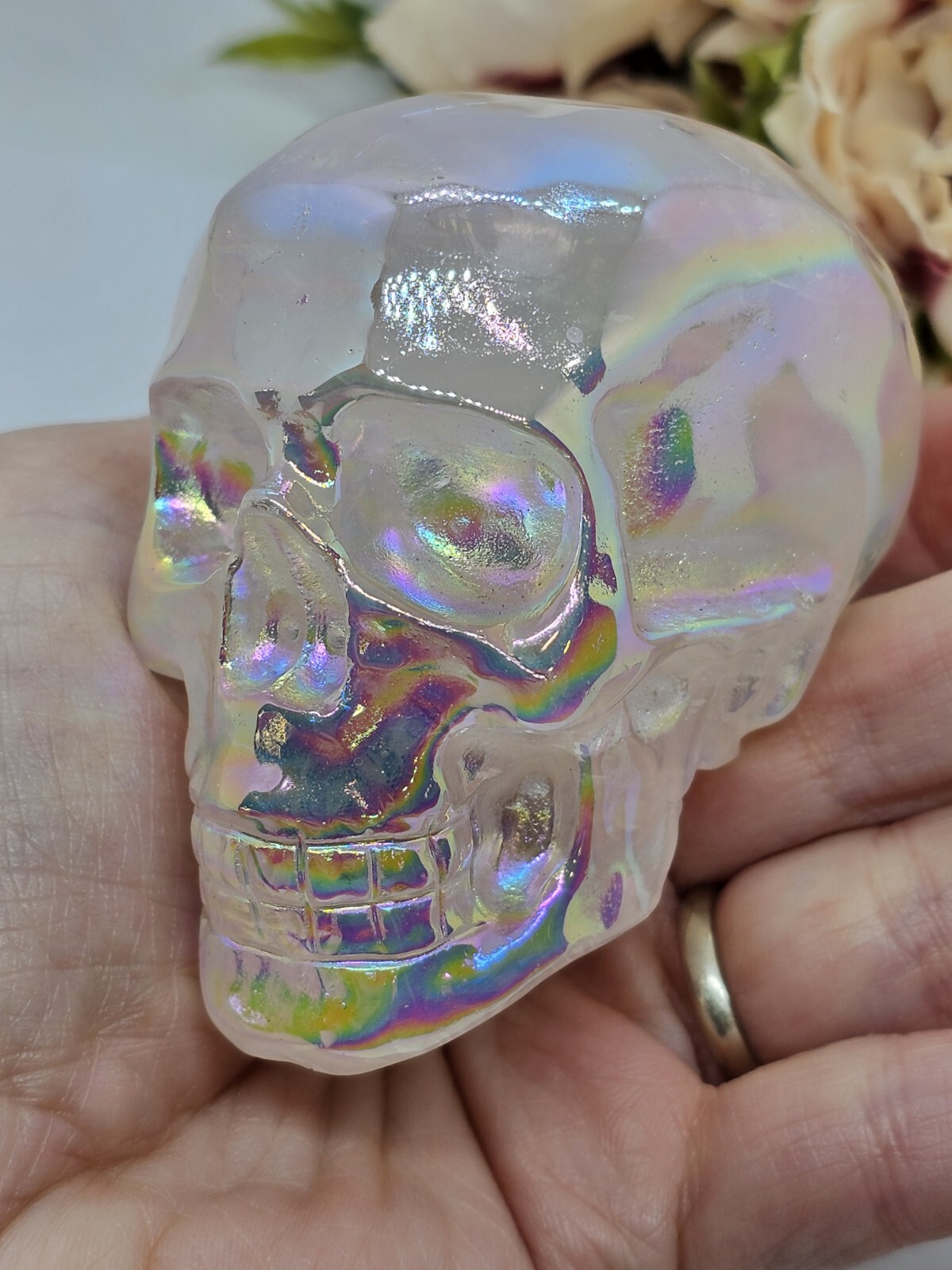 *SALE* Angel Aura Rose Quartz Rainbow crystal Skull 281g 5x7x4.8cm