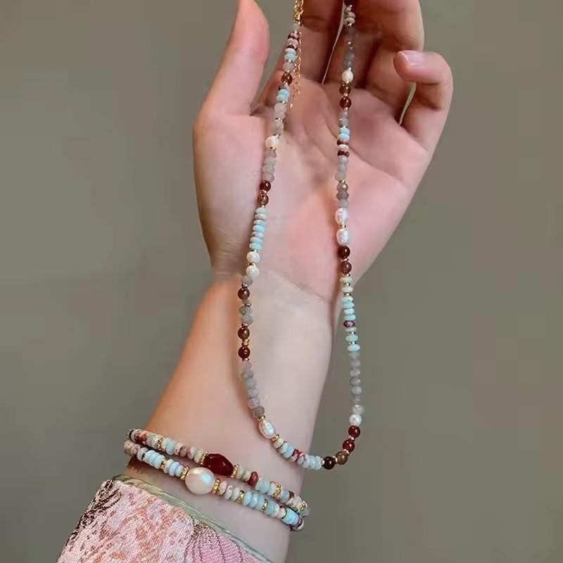 Crystal Pearl Stone Handmade Beaded Chain Necklace Bracelet Women Jewelry