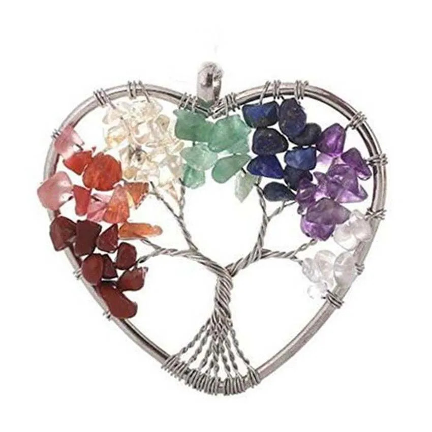KFT Natural Tree of Life Stone Pendant Amethysts Crystal Reiki Wire Wrapped roun