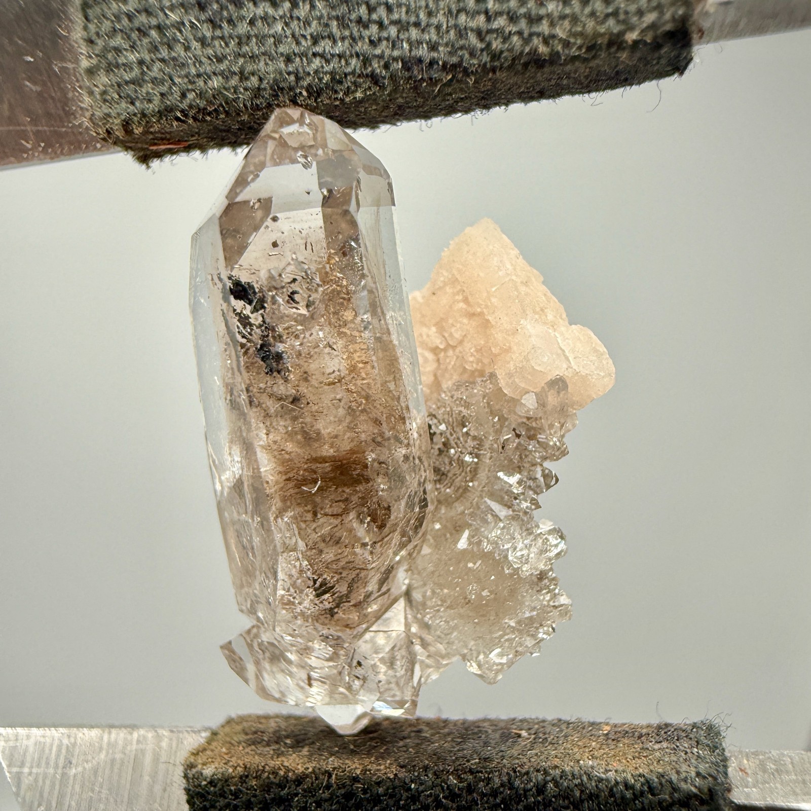 2.07 g Herkimer Diamond Cluster Perched on Druzy Quartz + Dolomite Crystal