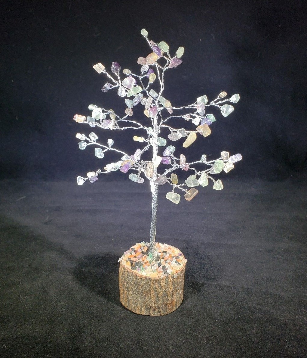 NATURAL FLUORITE GEMSTONE CHIP TREE WITH 100 STONES CRYSTAL TREE OF LIFE