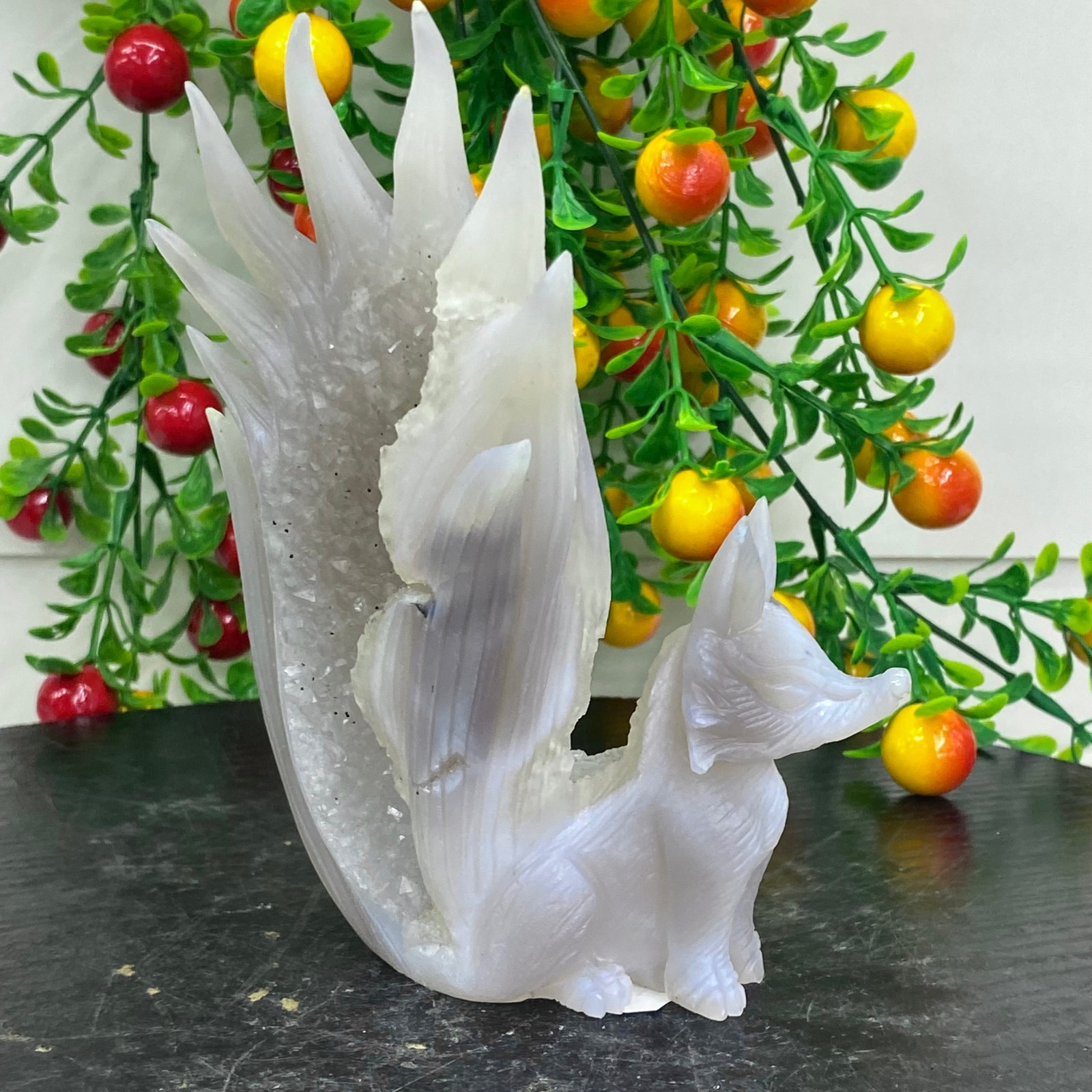 449G Natural Agate Geode Hand Carved Nine-tailed Fox Quartz Crystal Decor
