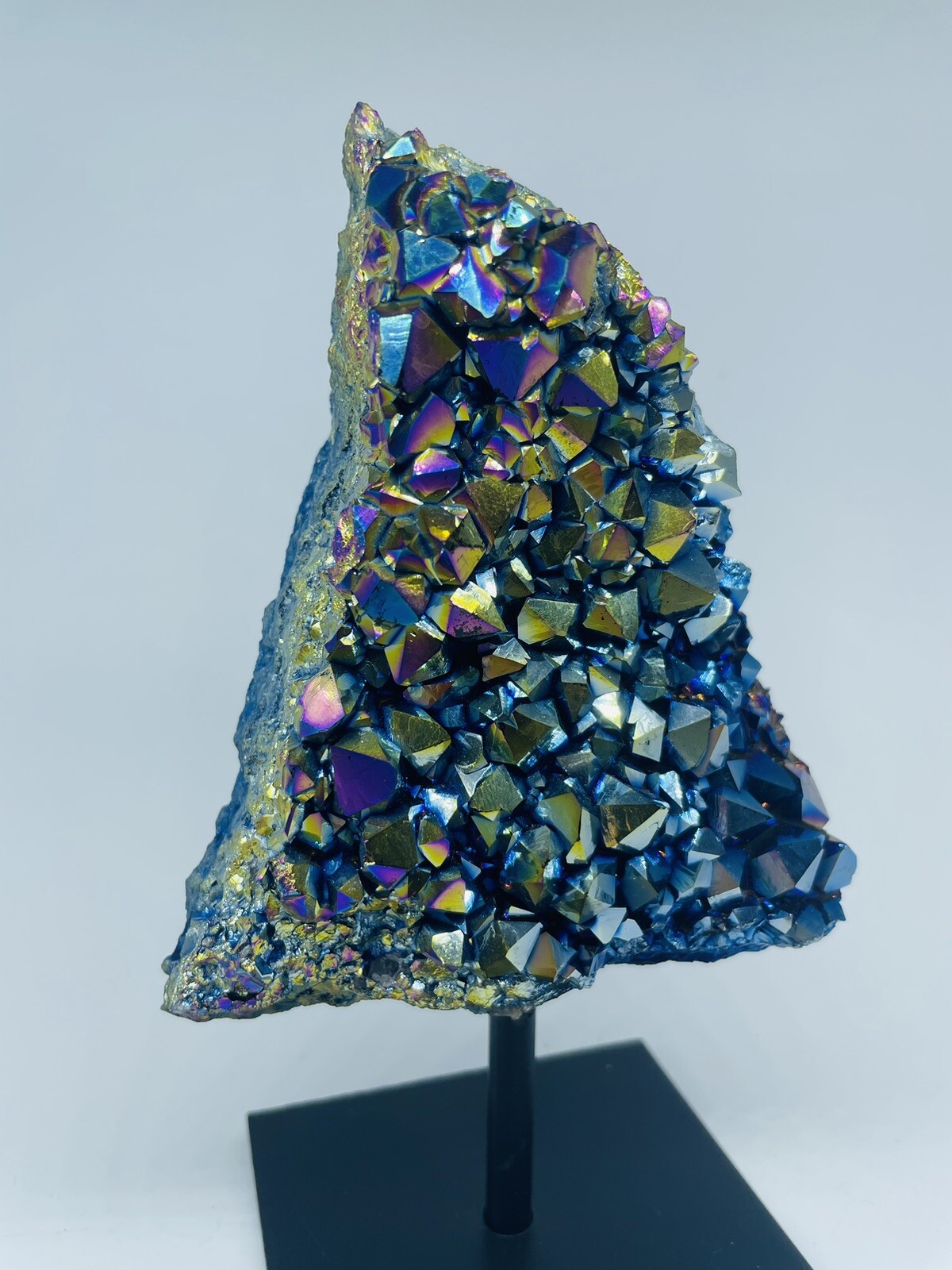 Colorful Rainbow Aura Titanium Quartz Crystal Bismuth cluster On Metal Stand