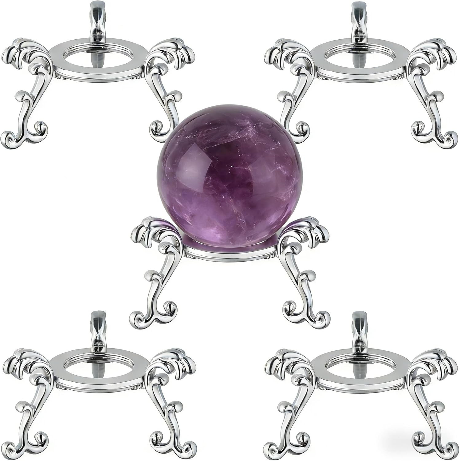 5 Pcs 2.75In Alloy Metal Crystal Ball Stand – Silver Display Sphere Holder for S