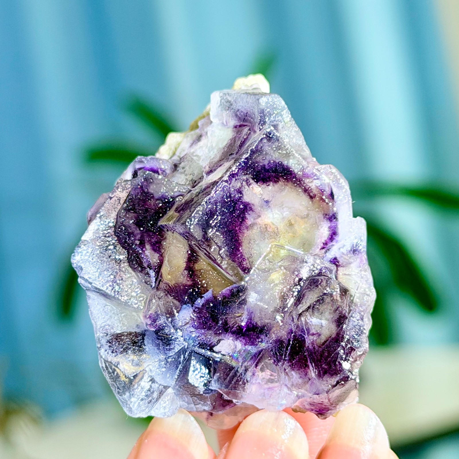 68G Rare Transparent Purple Cubic Fluorite with Calcite Crystal Mineral Sample