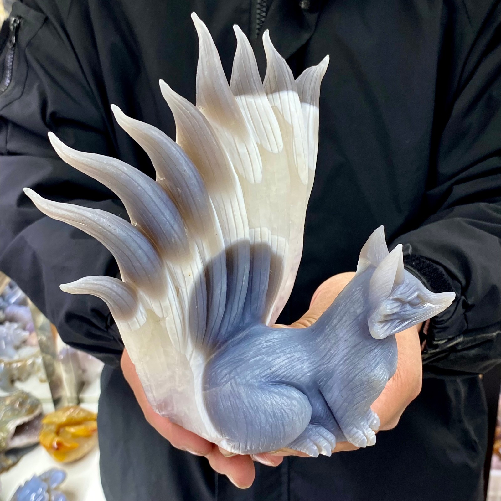 4.07LB Natural Agate Geode Hand Carved Nine-tailed Fox Quartz Crystal Decor