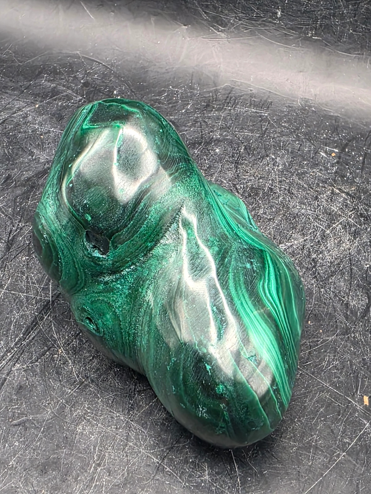 Malachite polished free form! 10 ounces, 3.2 inches long, 1.8″ wide!